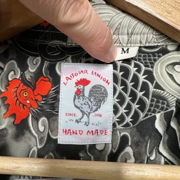 Labour Union Mens Rooster Cloud Print Shirt Black Grey Red Tencel Camp Collar M - Picture 7 of 9